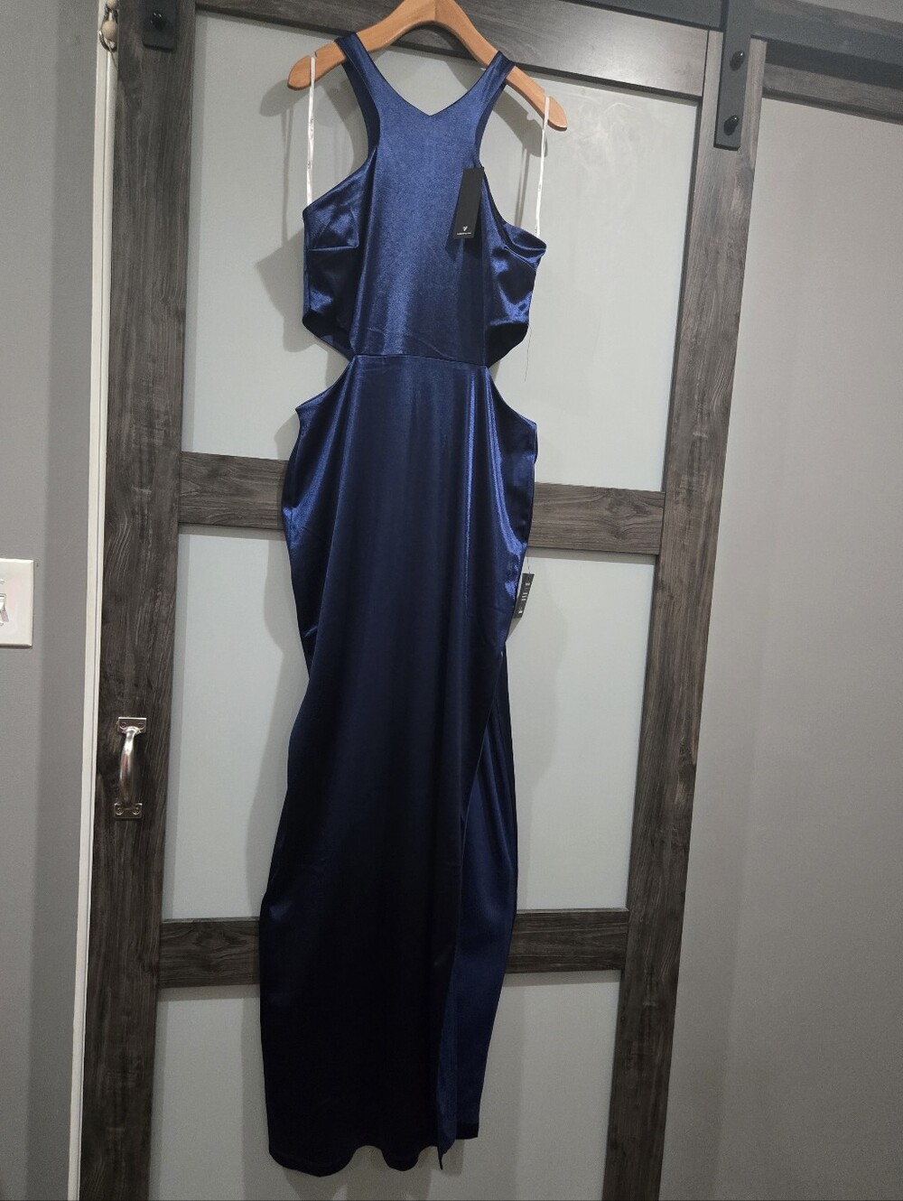 NWT LULUS Just as Gorgeous Navy Blue Satin Halter Cutout Maxi Dress L
